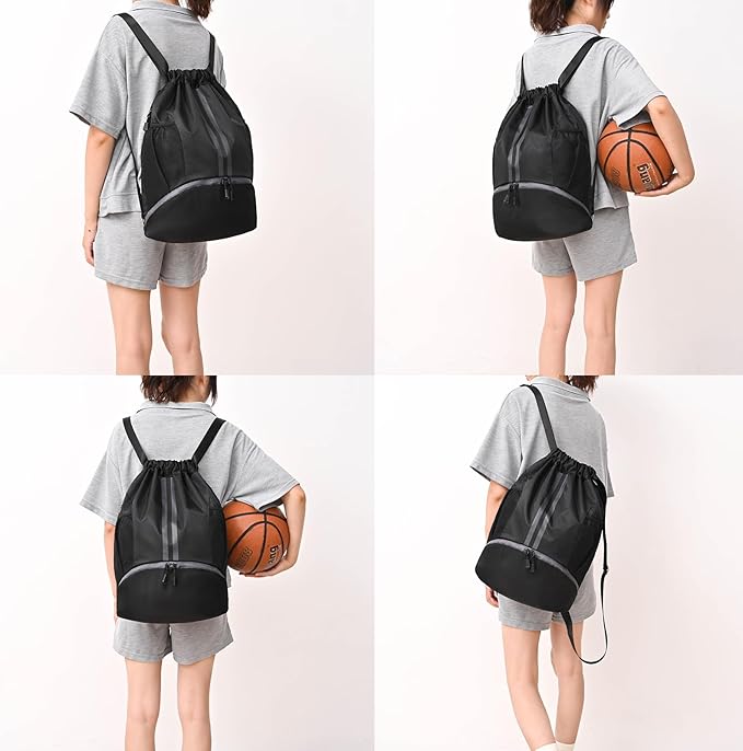 LOKAPEGY Drawstring Gym Bag for Men, Waterproof Drawstring Backpack for Women, Swim with Shoes Compartment, Pull String Sport Bag for Soccer and Basketball. (Grey)