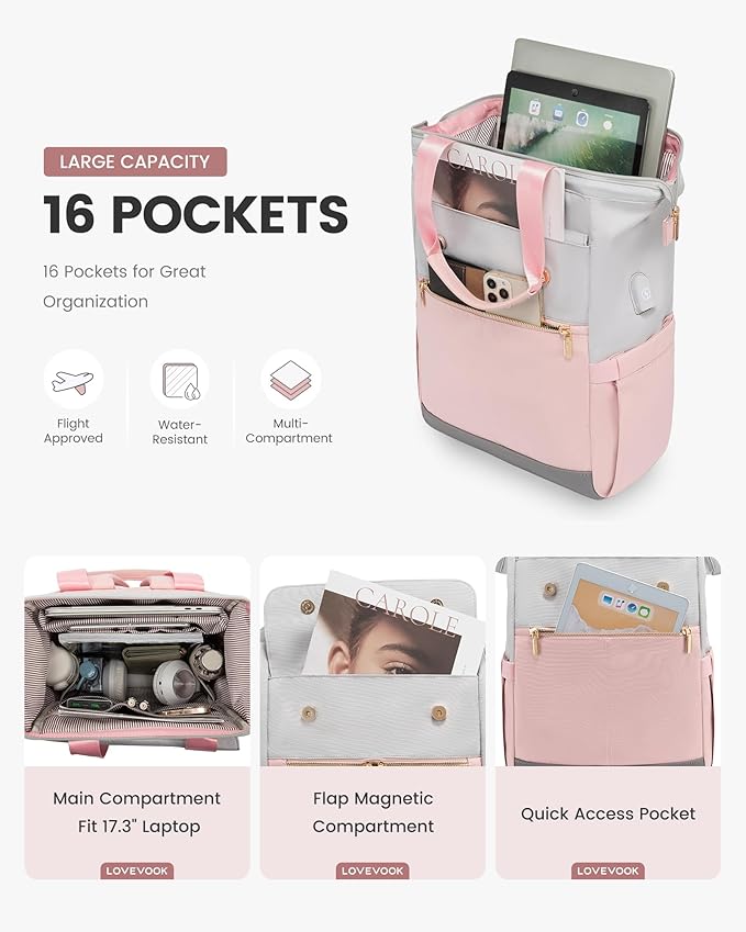 LOVEVOOK 17.3 Inch Laptop Backpack for Women, Large Capacity Travel Backpack with Organizer Bag, Waterproof Carry on Backpack Work Bag with USB Port, Teacher Nurse Backpack Purse, 2PCS, Grey-Pink