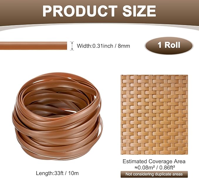 M METERXITY 1-Pack Wicker Repair Kit, 8mm x 33ft/10m Plastic Flat Rattan Replacement Supplies for Patio Furniture Repair/Basket Making/Chair Weaving, Synthetic Woven Rattan [Light Brown]