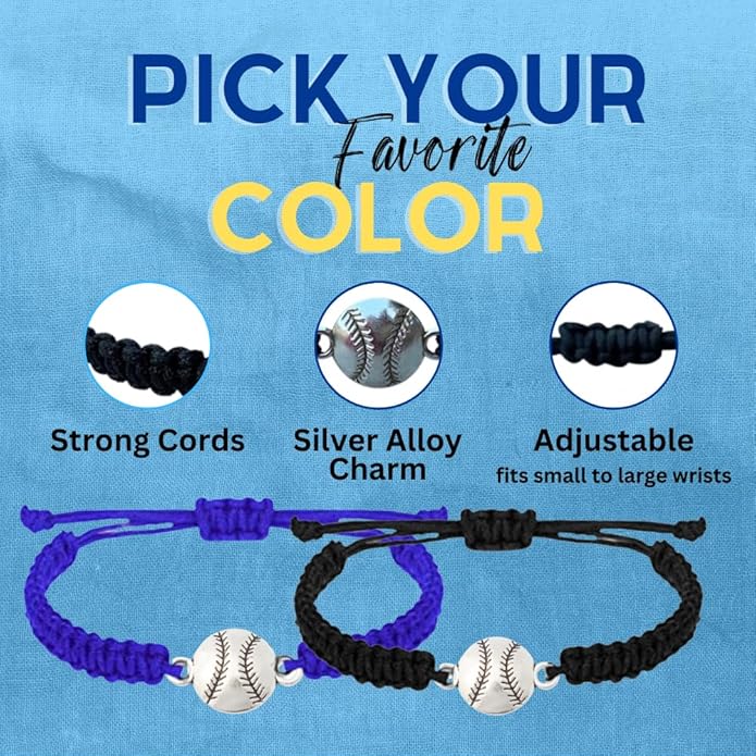 Sportybella - Baseball Bracelet, Baseball Jewelry, Adjustable Braided Baseball Bracelet, Baseball Gifts, Baseball Accessories