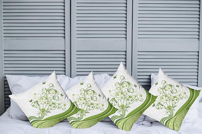 Ambesonne Vines Throw Pillow Cushion Case Pack of 4, Butterflies Leaves Flowers Colorful Nature Tones Print, Modern Accent Double-Sided Digital Printing, 20", Lime Green