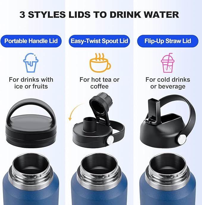 40 oz Insulated Water Bottle with Straw fit in Car Cup Holder(Cold 48 hrs, Hot 24 hrs) Drinking Bottle with Straw Lid, Spout Lid and Flex Cap Leakproof Travel Thermo Mug，White - Purple