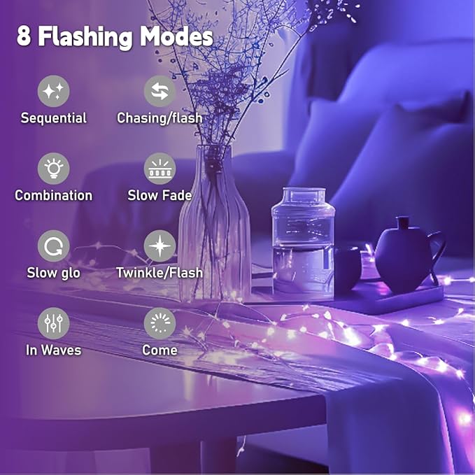 HXWEIYE Rechargeable Fairy Lights Battery Operated, DIY Timer & 8 Modes, 2 Pack 16FT 50LED Twinkle String Lights Indoor, Led mini Lights for Bedroom Wedding Dorm Christmas Tree Decor (Purple)