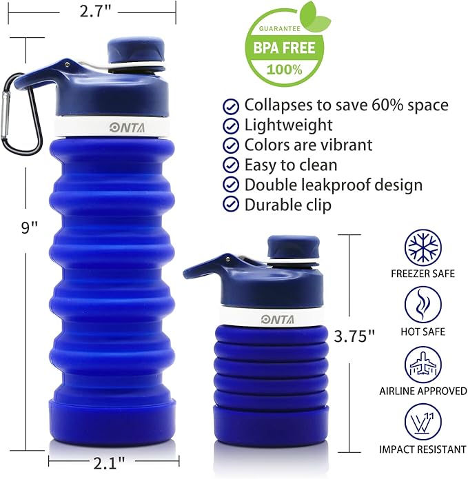 ONTA Collapsible BPA Free Silicone Water Bottle, 20oz - Portable, Leakproof, Easy Clean, Shatter Resistant, Travel Friendly