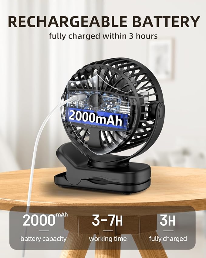 TUNISE Mini Clip on Fan, Battery Operated Desk Fan, Digital display，3 Speeds Adjustable, Bidirectional 360 ° Adjustable, Super Strong Wind, Portable Fan for Home Office Stroller Camping Black