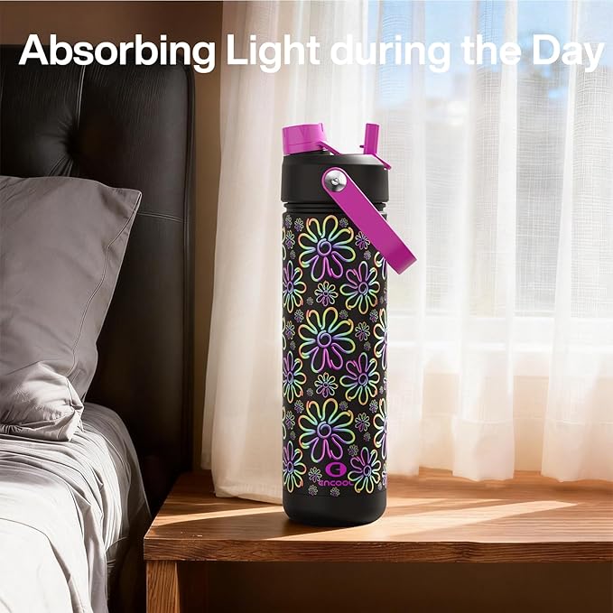 ENCOOL Insulated Water Bottle with Straw Stainless Steel Water Bottle, Glow in the Dark, Leak-Proof, BPA-Free, Keeps Cold for 24 Hours for Sports, Travel, School (26 oz, Flower)