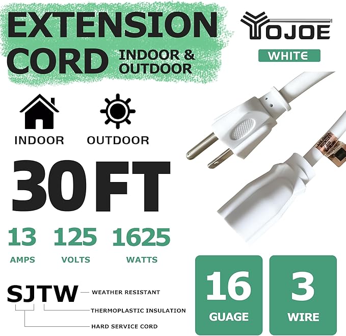 YOJOE Indoor Outdoor Extension Cord, 3 Prong 13A Weatherproof Power Cord, 16 Gauge Heavy Duty 30 ft White Extension Cord for Garage, Garden and Home, 16/3 SJTW UL Listed