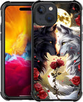 for iPhone 15 Plus Case, Black White Wolf Moon Flower Rose Pattern Made of Soft Silicone Hard Acrylic Shock Protection for iPhone 15 Plus