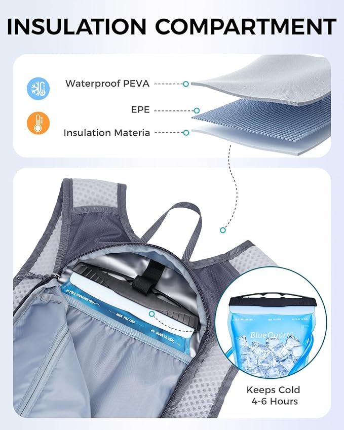 Blue Quartz Hydration Backpack with 2L Water Bladder, Hiking Water Pack with Insulated Compartment for Women Men, Lightweight Running Hydration Vest with Phone Pocket for Cycling, Biking