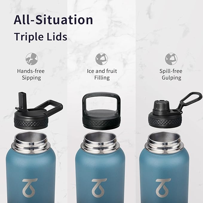 Trebo Water Bottle Insulated 40oz with Paracord Handle, Vacuum Triple Wall Stainless Steel Water Jug, 48hr Cold Retention, Leakproof BPA-Free Flask With 3 Lids Fits in Car Cup Holder, Indigo/Black