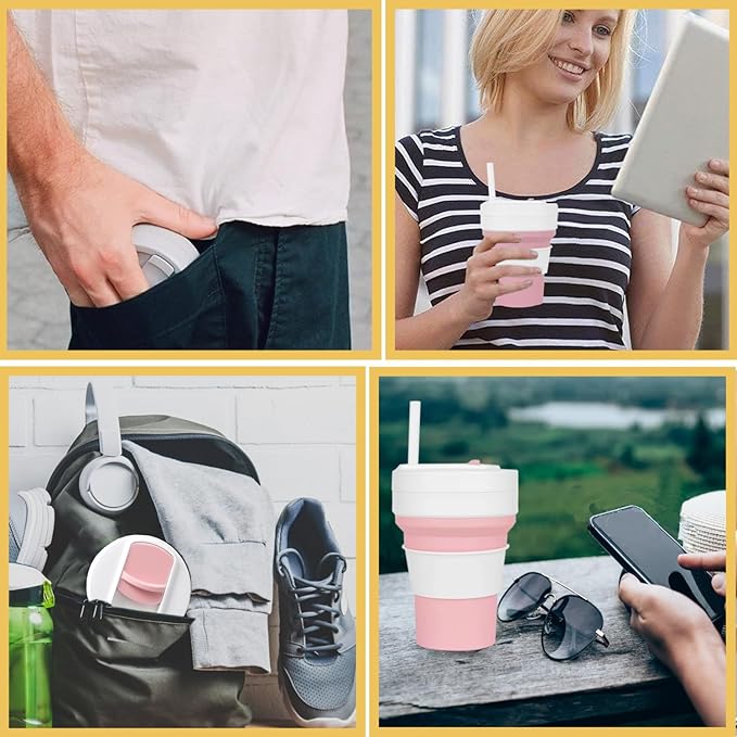12 OZ Collapsible Travel Cup with Lid, Silicone Foldable Drinking Cup for Camping Hiking,Portable Silicone Water Bottle for Hot and Cold Beverages with Straw- Pink & White