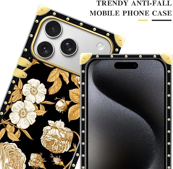 for iPhone 17 Pro Max Case Luxury Golden Decoration for Girl Women Soft TPU Shockproof Protective Hard PC Back for iPhone 17 Pro Max Crazy Pattern Blooming Rose Golden Flower