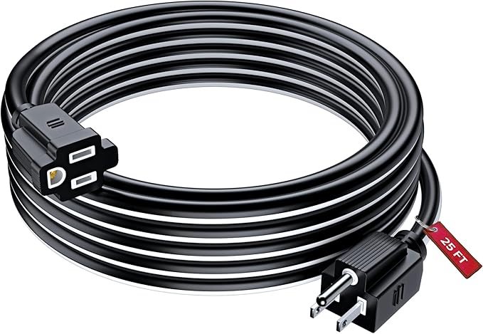 Maximm 25 Ft Black and White Extension Cord, Heavy Duty 3-Prong Outdoor Power Cable, ETL Listed for Contractors