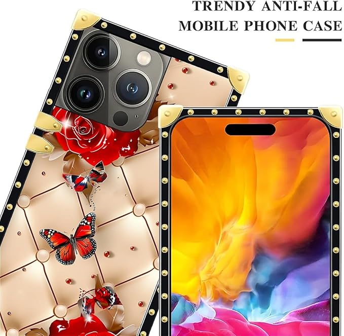 Compatible with iPhone 15 Pro Case, Shining Red Rose Butterfly Leather Background Luxury Golden Decoration for Girl Women Soft TPU Shockproof Protective Hard PC Back for iPhone 15 Pro