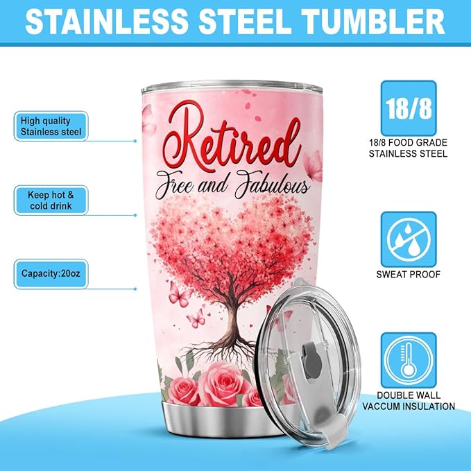 Retirement Gifts for Women with Inspirational Message, 20oz Stainless Steel Insulated Tumbler, Floral Heart Tree Travel Mug for Coworker, Mom, Teacher, Friend, Farewell