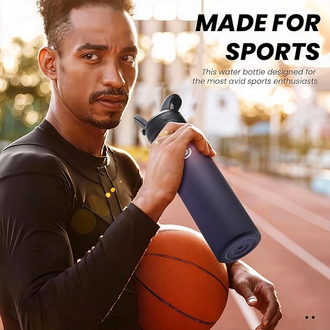 COKTIK 22oz Sports Water Bottle, Stainless Steel Water Bottle for Insulated, Reusable Travel Bottle, With Straw, With Handle Grip for Easy Carrying, Suitable for Cycling, Outdoor Vacations(Midnight)