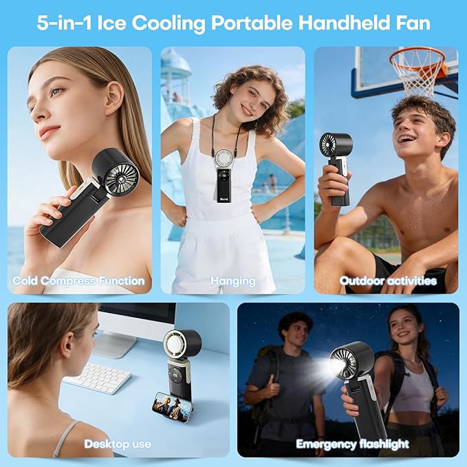 6000mAh Portable Handheld Fan with Ice Cooling, 199 Levels Stepless Speed, 20H Long Battery Life, 20000RPM Turbo Fan Rechargeable Personal Mini Fan for Travel, Outdoor, Makeup (Black)