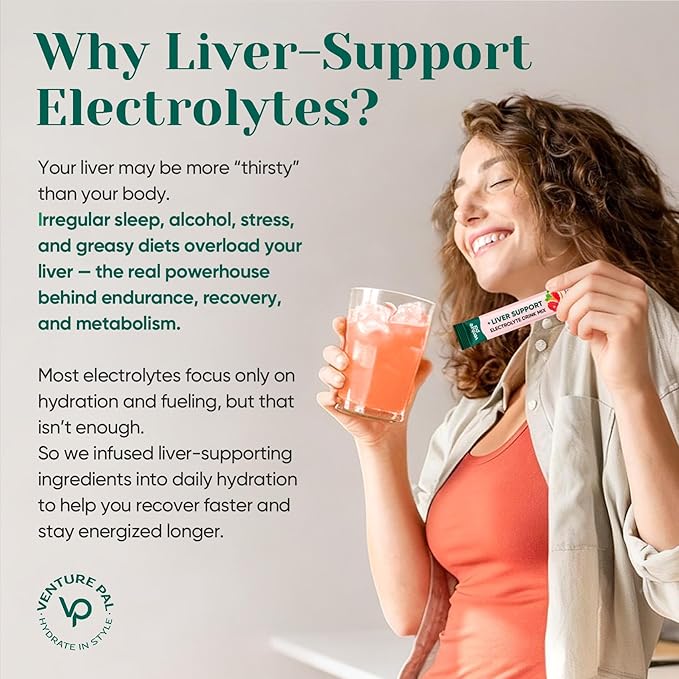 Venture Pal Hydration Packets + Liver Support- Liquid Daily IV Electrolyte Powder Packets with 7 Electrolytes & 5 Vitamins, Milk Thistle + L-Theanine | Sugar-Free | Keto Friendly | Vegan, 16 Sticks
