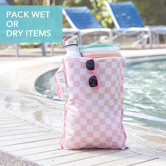 Bumkins - Larger Waterproof Wet Bag - For Baby, Travel, Swim Suit, Cloth Diapers, Pump Parts, Pool, Gym, Toiletry, Strap to Stroller - Reusable & Easy to Clean - 2pk - Beige & Pink Check