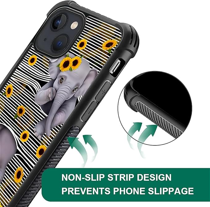 for iPhone 15 Case, Cute Little Elephant Sunflower White Line Art Pattern Graphic Design Girl Boy Soft Silicone Hard Acrylic Shock Protection for iPhone 15