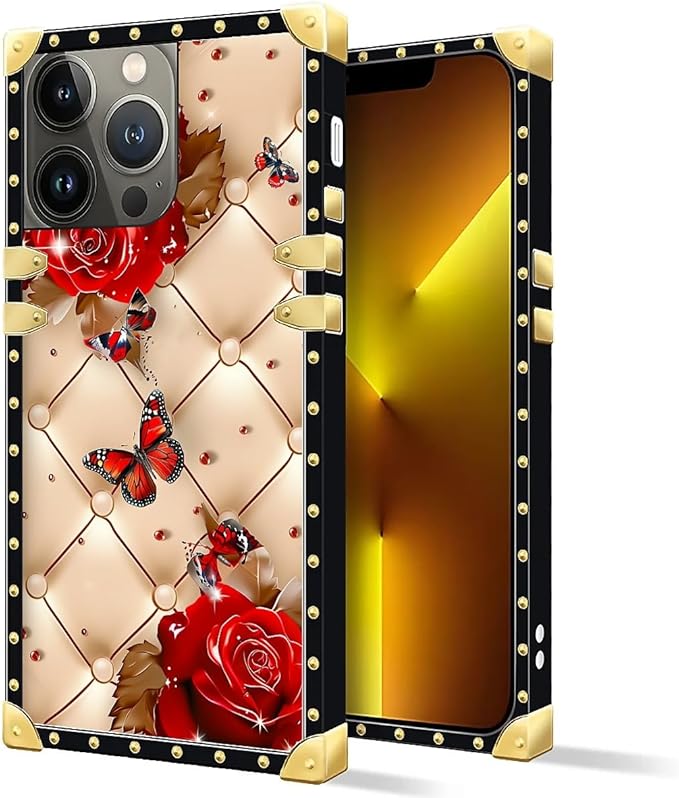 Compatible with iPhone 13 Pro Max Case, Shining Red Rose Butterfly Leather Background Luxury Golden Decoration for Girl Women Soft TPU Shockproof Protective Hard PC Back