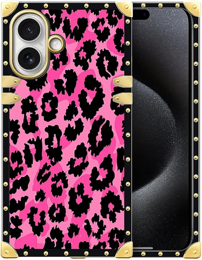 for iPhone 17 Case Luxury Golden Decoration for Girl Women Soft TPU Shockproof Protective Hard PC Back for iPhone 17 Crazy Pattern Pink Black Leopard