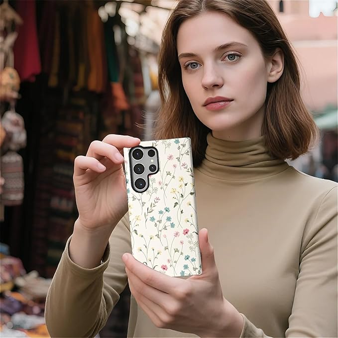 for Samsung Galaxy S24 Ultra Case,HL2 Beige Flower Branch Hybrid 2 Layer Hard Shell Silicone Protective Pattern Design Case