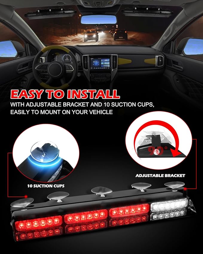 HLauto 604N Emergency Dash Strobe Lights: 2x16.8 inch Red Security Light w/Take Down, 48 LED Safety Flashing Warning Hazard Interior Windshield Light Bar for Trucks Vehicles