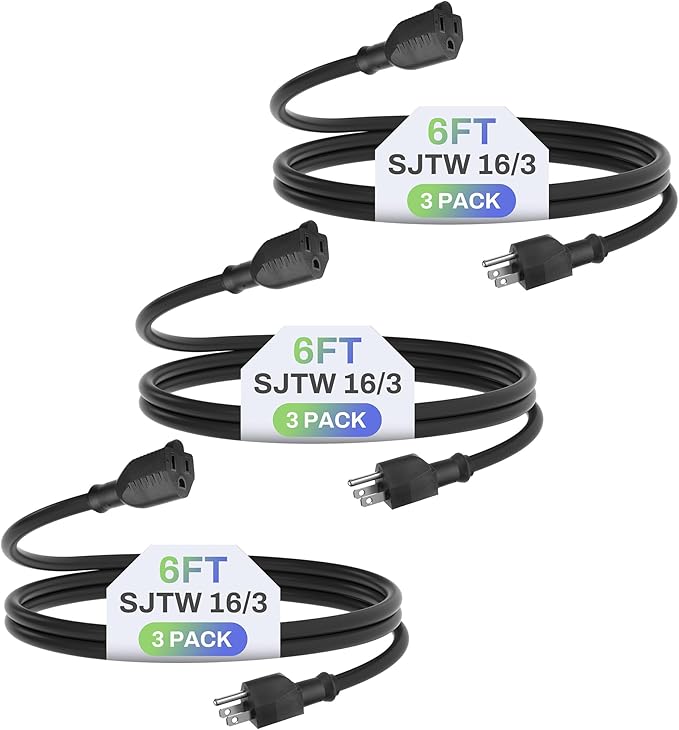 BN-LINK 6ft Indoor Outdoor Extension Cord 16/3 SJTW, 3 Pack, Black, 3-Prong, Weather Resistant & Flame Retardant, for Indoor, Garden, Landscaping & Holiday Decorations