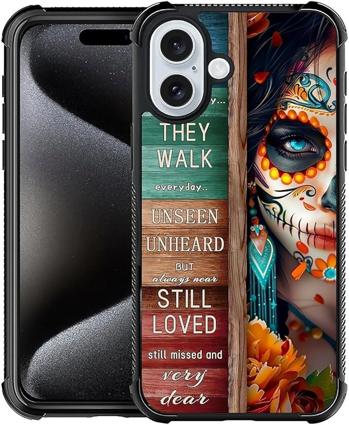 for iPhone 16 Case, Sugar Skull Day of Death Halloween Pattern Graphic Design Girl Boy Soft Silicone Hard Acrylic Shock Protection for iPhone 16
