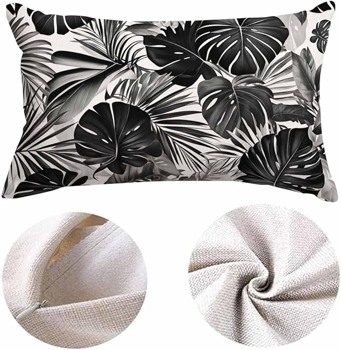 EKOBLA Palm Leaf Decorative Lumber Cushion Case Tropical Jungle Leaf Hand Drown Plant Cotton Linen Square Throw Waist Pillow Case Decorative Cushion Cover Pillowcase Sofa Lumbar 12x20 Inches