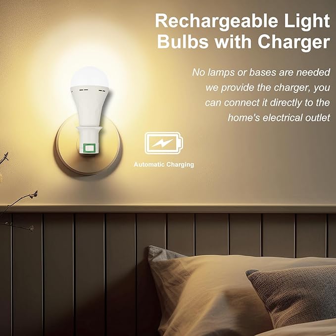 Ostwiki Rechargeable Light Bulbs,6 Pack Battery Operated Backup Emergency Light Bulb for Power Outage Camping Outdoor Hurricane 9W E27 8500K 1200mAh White Equivalent Self-Charging LED Light Bulbs