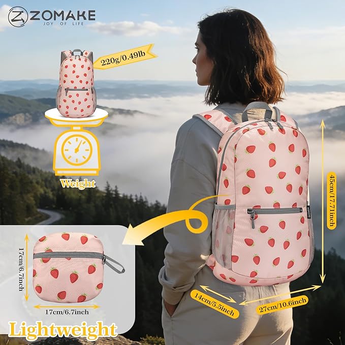 ZOMAKE Ultra Lightweight Hiking Backpack 20L, Packable Small Backpacks Water Resistant Daypack for Women Men(Strawberry print)