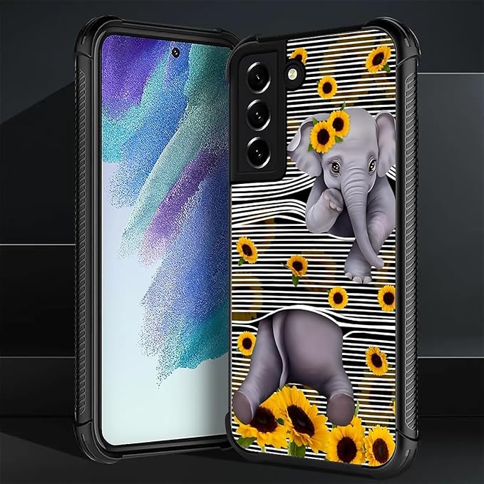 for Samsung Galaxy S21 Plus Case, Cute Little Elephant Sunflower White Line Art Pattern Graphic Design Soft Silicone Hard Acrylic Shock Protection for Samsung Galaxy S21 Plus