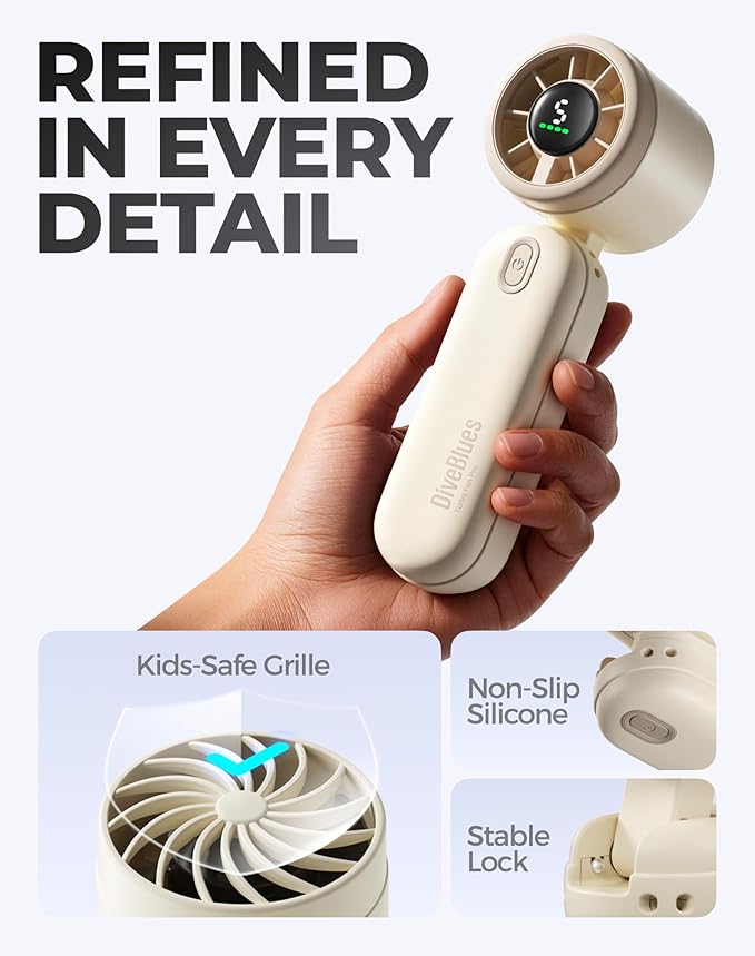 Diveblues Handheld Fan, 30ft/s Mini Portable Turbo Fan [12H Max Cooling], 4000mAh Personal Fan with LED Display, 3-in-1 Hand Held/Neck/Desk Fan for Travel, Cruise, Disney Essentials
