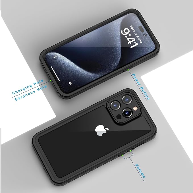 Lanhiem for iPhone 15 Pro Case, IP68 Waterproof Dustproof Shockproof Case with Built-in Screen Protector, Full Body Protective Heavy Duty Phone Case for iPhone 15 Pro - 6.1 inch (Black/Clear)