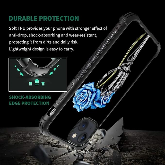for iPhone 15 Case, Skeleton Holding Blue Rose Pattern Graphic Design Girl Boy Soft Silicone Hard Acrylic Shock Protection for iPhone 15