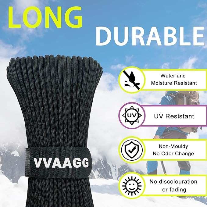 VVAAGG 1000 Black Paracord Rope, 50ft 12 Strand Parachute Cord for Crafting, DIY Projects, Survival Bracelets, Camping, Tent, Clothsline, Outdoor Hiking, Fishing (Black, 50FT)
