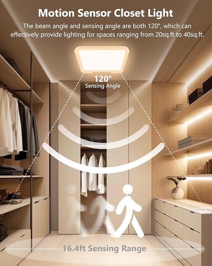 Rechargeable Motion Sensor Ceiling Light with Remote, Dimmable Magnetic Mount Closet Light, 7000mAh Battery Operated LED Shower Light, 3 Color Temperatures for Bathroom, Stairs, Hallway, Garage,Pantry