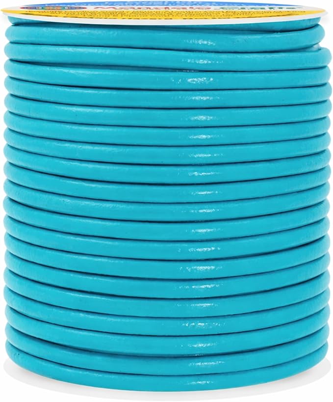 Mandala Crafts Round Genuine Turquoise Leather Cord for Jewelry Making – 3mm Cowhide Leather Rope String Lace for Kumihimo – 20 Yards Cowhide Craft Cording Spool