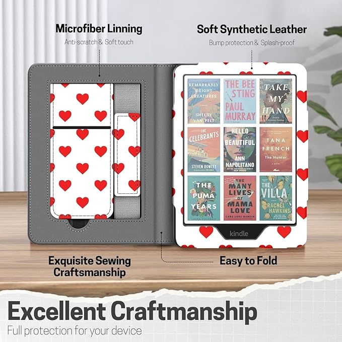 TNP Stand Case for Kindle Paperwhite 12th Generation 2024 / Kindle Colorsoft Signature Edition with Hand Strap & Card Slot - 7" PU Leather Protective Folio Cover with Auto Wake/Sleep, Red Love Heart