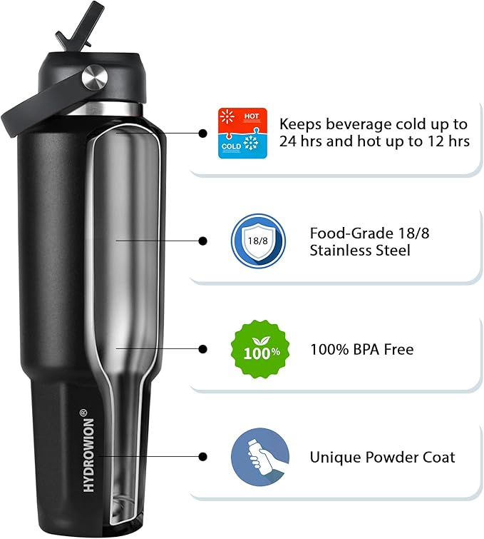 HYDROWION 40 oz Insulated Water Bottle, Car Water Bottle Holder - Double Wall Vacuum Insulated Travel Bottle with Straw Lid, Spout Lid and Flex Cap - Cold for 24H, Hot for 12H, Black