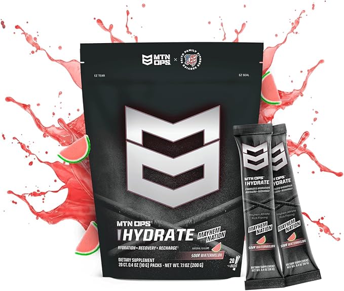 MTN OPS Hydrate Low Sugar Electrolyte Powder Drink Mix with 1g D-Ribose Sugar, 1000mg Electrolytes, On-The-Go Packs, 20 Stick Packs, Sour Watermelon