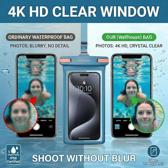 wellhouse 3D Waterproof Phone Pouch with Lanyard,Premium TPU100FT Deep Waterproof Phone Case for iPhone 17 16 15 14 13 12 Pro Max XS Samsung,Snorkeling, Surfing, Kayaking,Skiing,Hot Springs