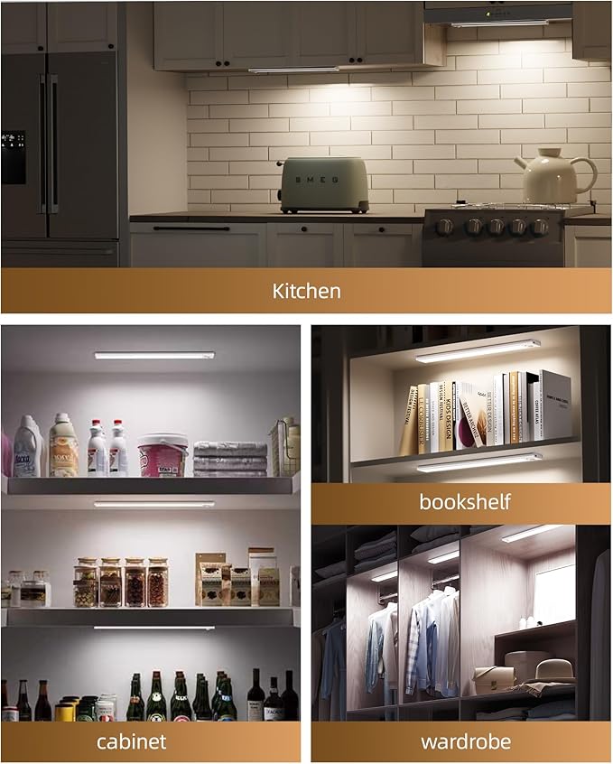 2Pack 12inch Under Cabinet Lighting, Rechargeable Motion Sensor Light Wireless Indoor, Dimmable 3 Color Temps Closet Lights with IR Remote, Under Counter LED Lights for Kitchen, Stairs