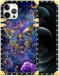 Compatible with iPhone 12 Pro Max Case, Glistening Golden Butterfly Vibrant Purple Blue Luxury Golden Decoration for Girl Women Soft TPU Shockproof Protective Hard PC Back
