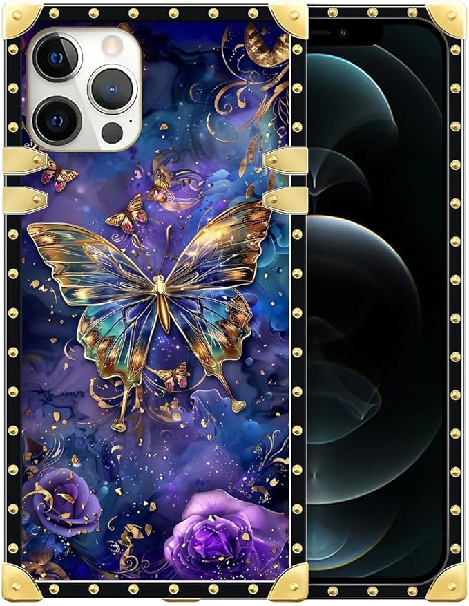 Compatible with iPhone 12 Pro Max Case, Glistening Golden Butterfly Vibrant Purple Blue Luxury Golden Decoration for Girl Women Soft TPU Shockproof Protective Hard PC Back