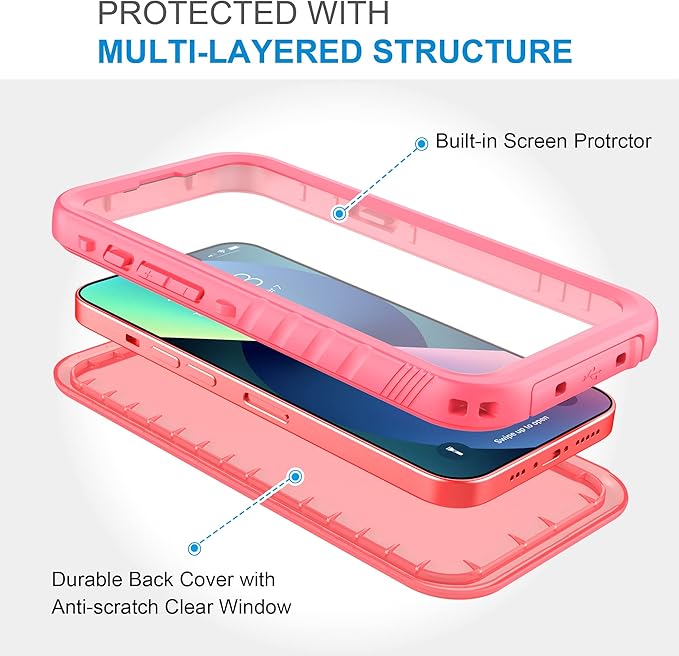 SPORTLINK for iPhone 13 Waterproof Case - Full Body Shockproof Dustproof Phone Screen Protector Rugged Waterproof Case for iPhone 13 6.1 Inches Pink