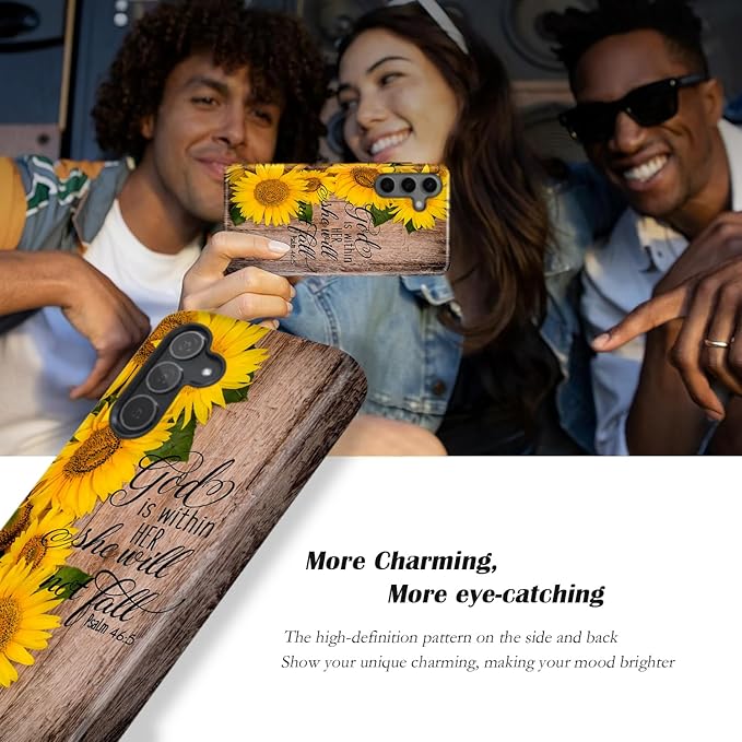 Compatible for Samsung Galaxy A37 5G Case, Dual Layer Heavy Duty 2 in 1 Shockproof Protective Phone Case,Bible Verses Psalm 46:5 Wood and Sunflower
