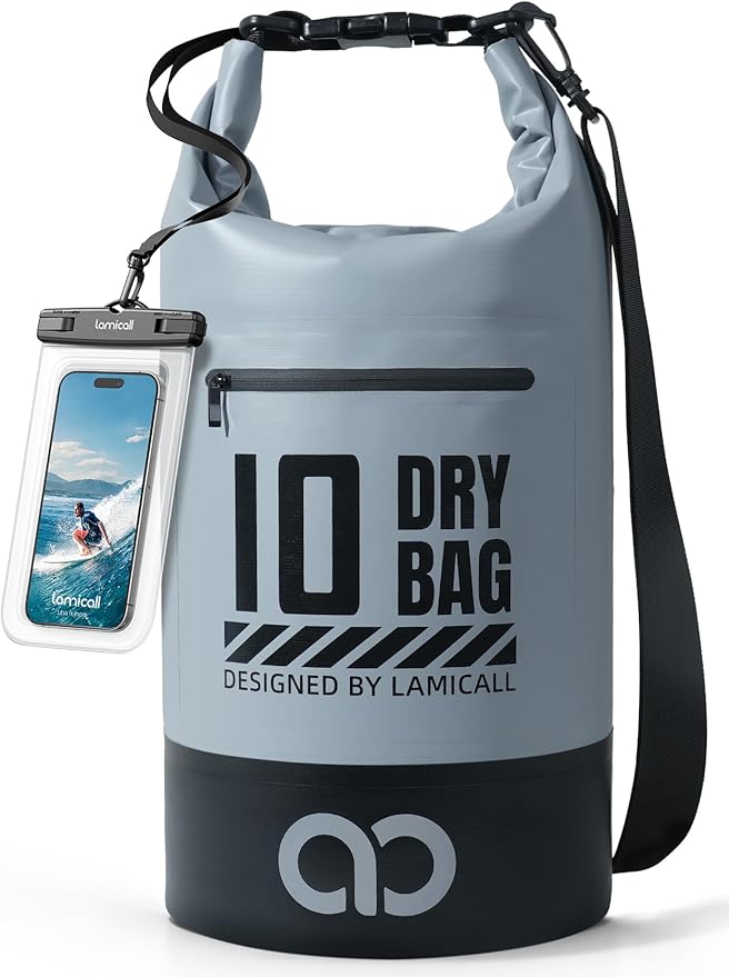 Lamicall Waterproof Dry Bag with Phone Pouch, Floating Roll Top Backpack, 10L, Grey